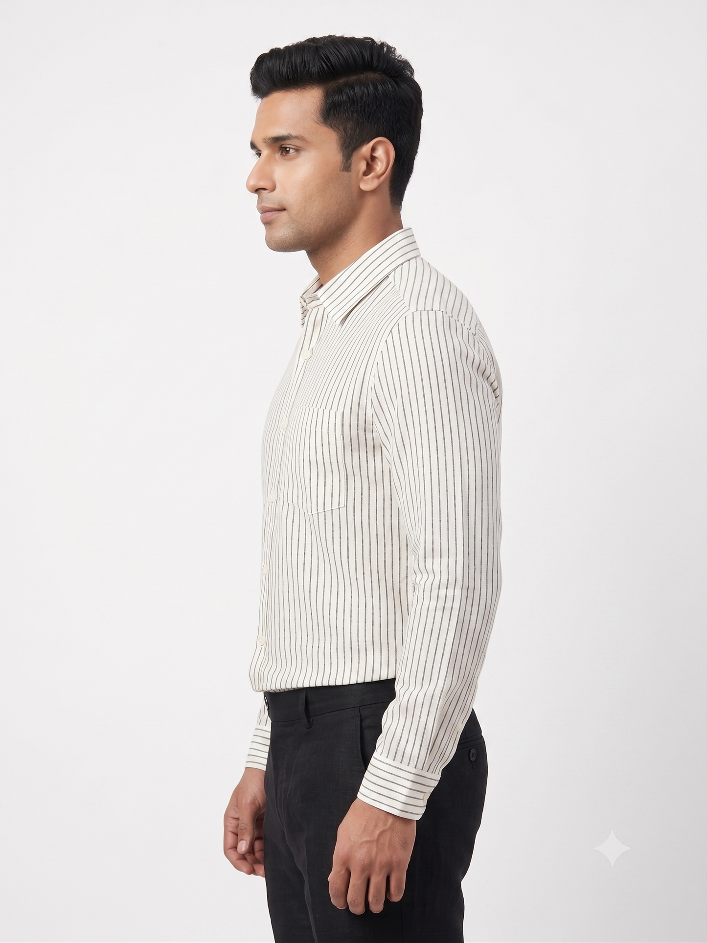 Men Off White and Black Vertical Striped Formal Shirt