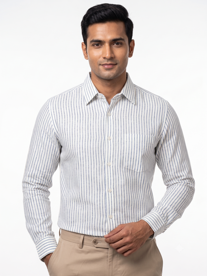 Men White and Blue Vertical Striped Premium Cotton Linen Shirt