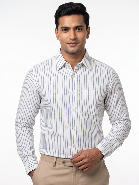 Men White and Blue Vertical Striped Premium Cotton Linen Shirt