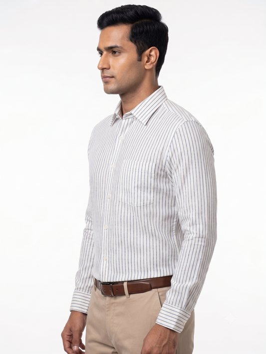 Men White and Blue Vertical Striped Premium Cotton Linen Shirt
