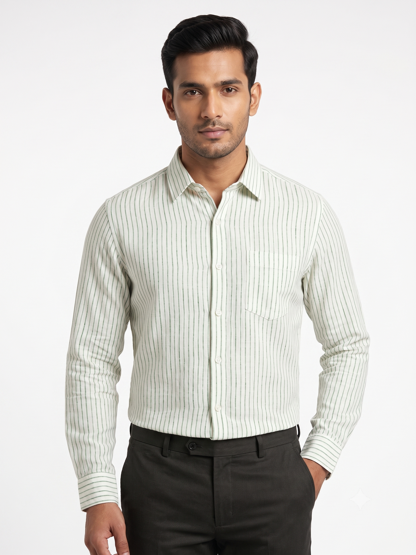 Men's Premium Green Vertical Striped Linen Cotton Shirt