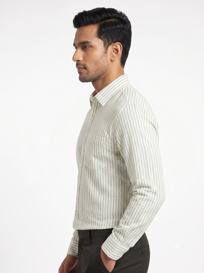 Men's Premium Green Vertical Striped Linen Cotton Shirt