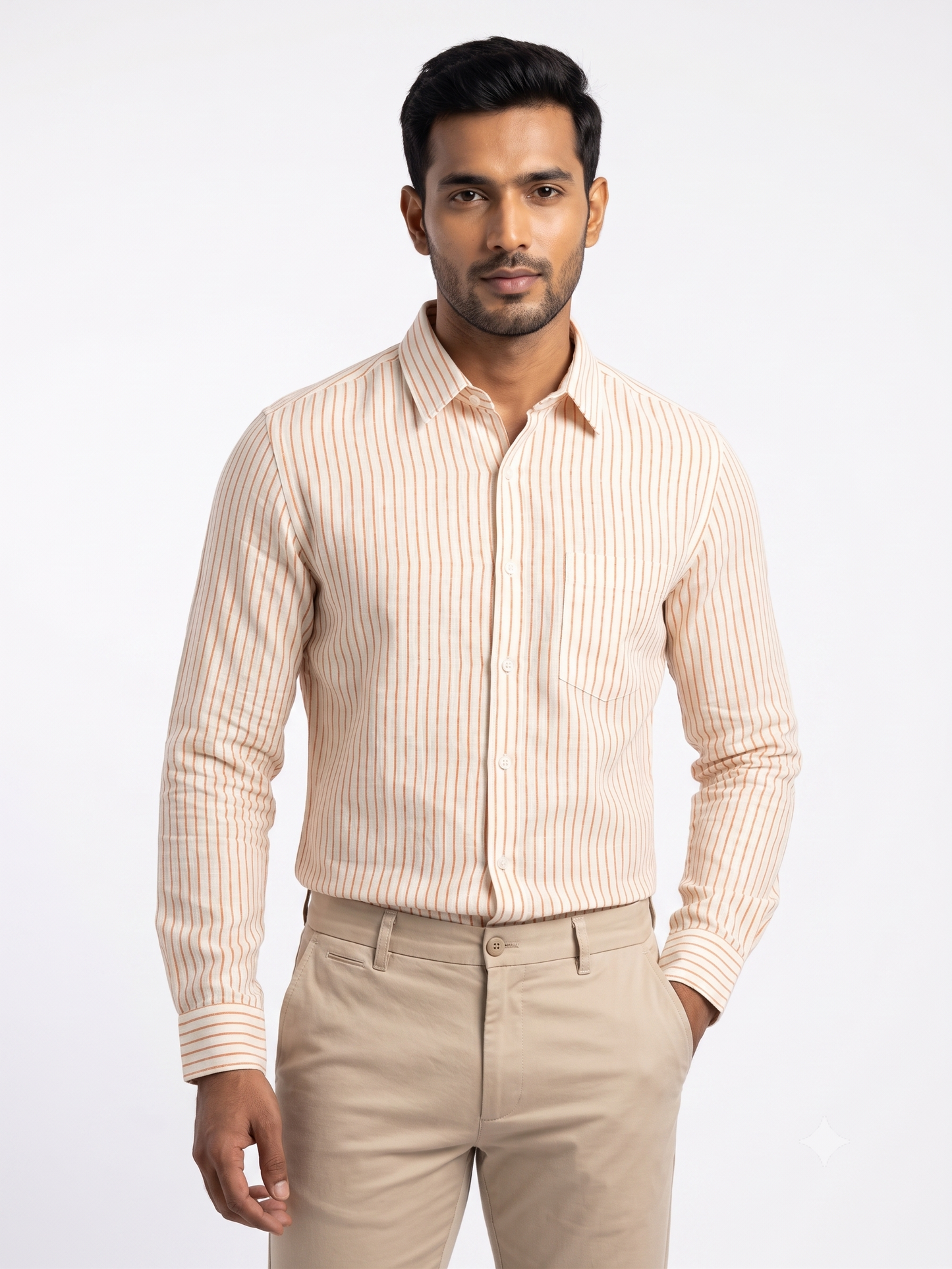 Men's Premium Orange Vertical Striped Linen Cotton Shirt
