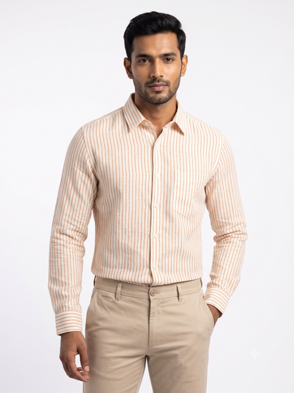Men's Premium Orange Vertical Striped Linen Cotton Shirt