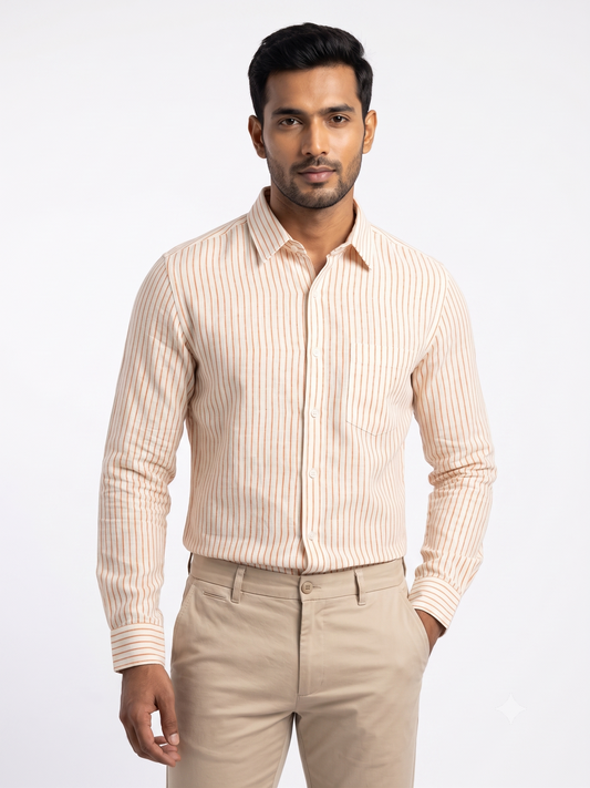 Men's Premium Orange Vertical Striped Linen Cotton Shirt