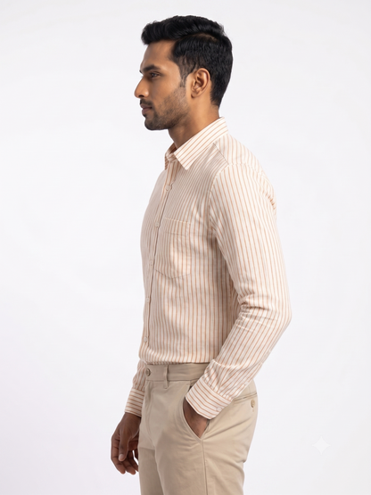 Men's Premium Orange Vertical Striped Linen Cotton Shirt
