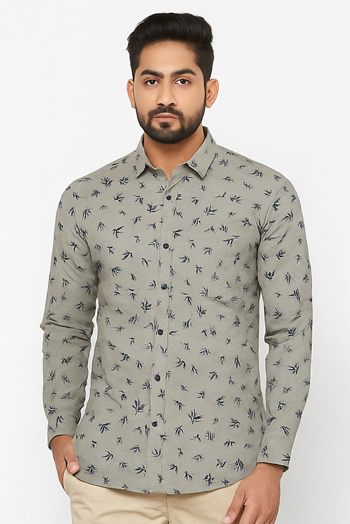 Olive Green Bamboo Print Cotton Shirt