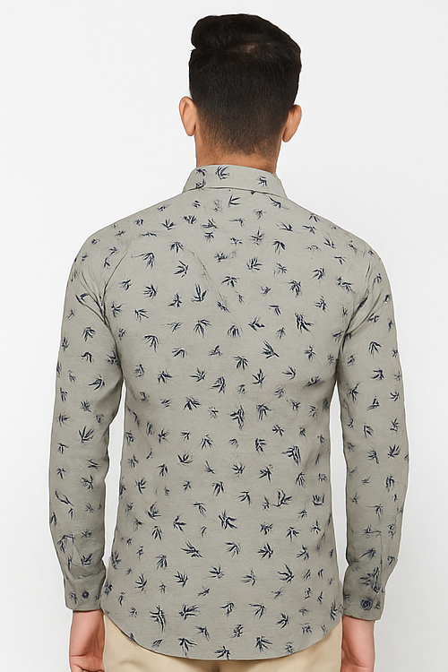 Olive Green Bamboo Print Cotton Shirt