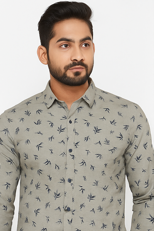 Olive Green Bamboo Print Cotton Shirt