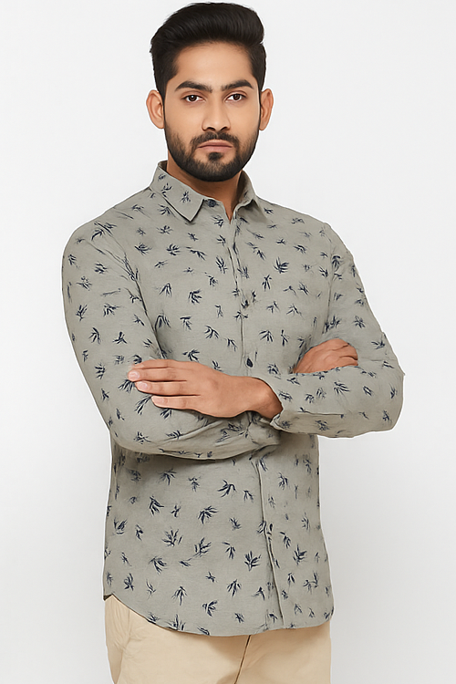 Olive Green Bamboo Print Cotton Shirt