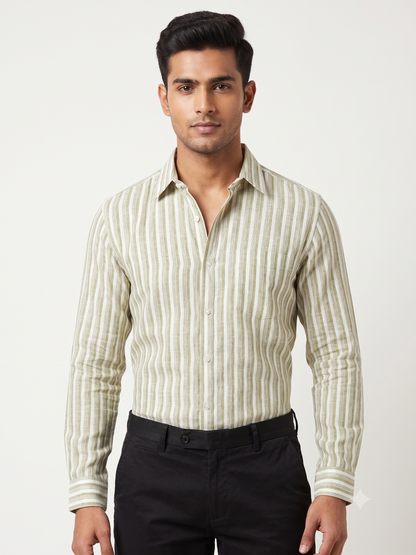 Premium Men Olive Green and White Cotton Linen Striped Casual Shirt
