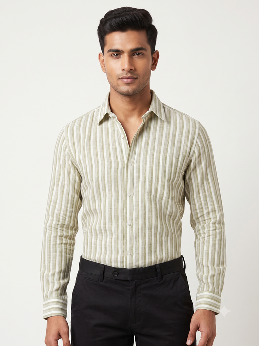 Premium Men Olive Green and White Cotton Linen Striped Casual Shirt