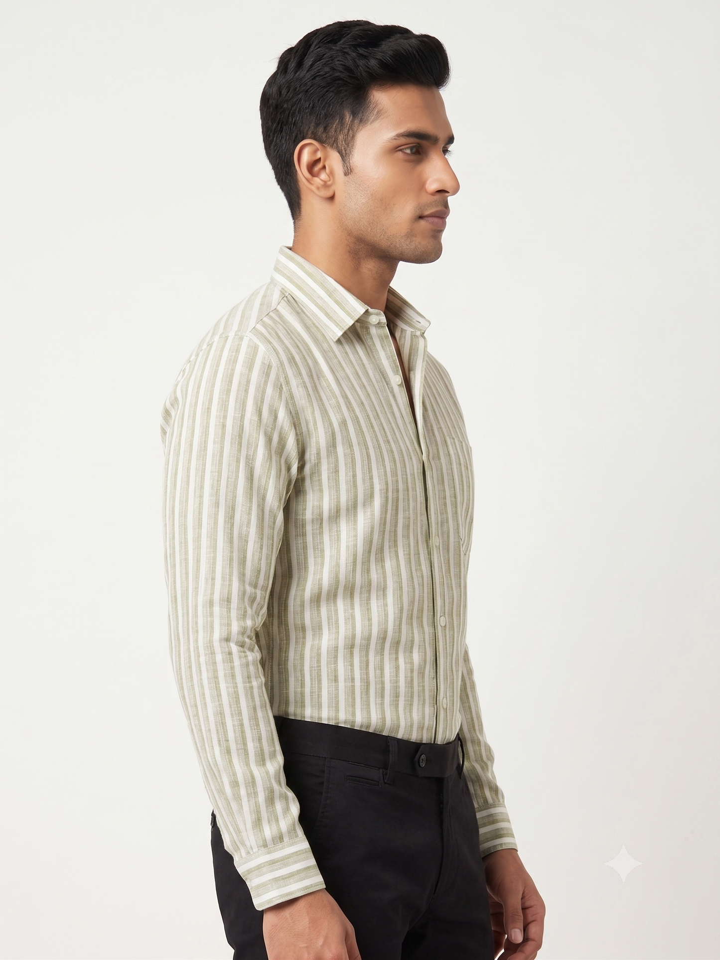 Premium Men Olive Green and White Cotton Linen Striped Casual Shirt