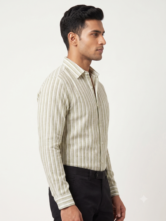 Premium Men Olive Green and White Cotton Linen Striped Casual Shirt
