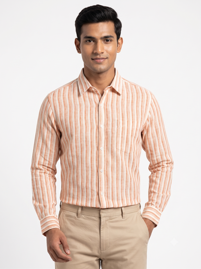 Premium Men Terracotta Orange and White Cotton Linen Striped Casual Shirt