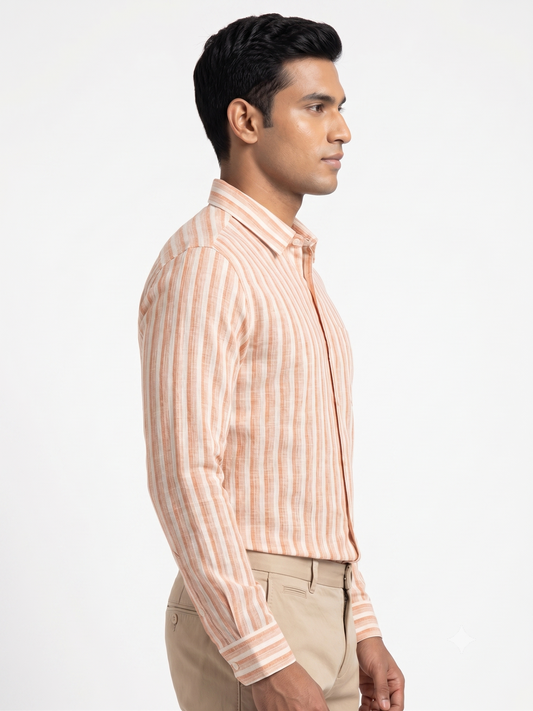 Premium Men Terracotta Orange and White Cotton Linen Striped Casual Shirt