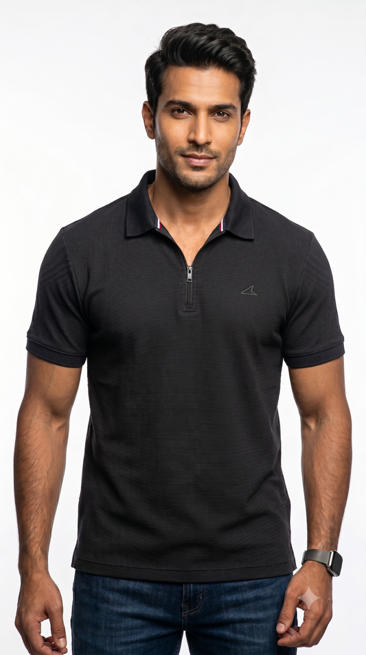 Power Men's Textured Zip Polo T-Shirt – Black