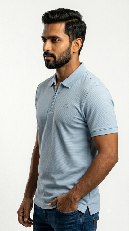 Power Men's Textured Zip Polo T-Shirt – Ice Blue