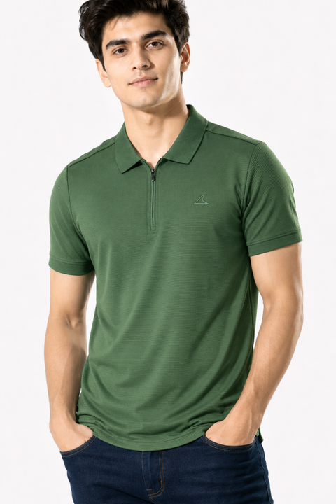 Power Men's Textured Zip Polo T-Shirt – Forest Green