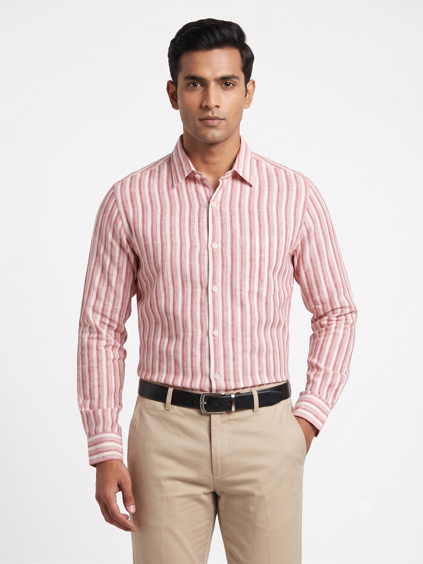 Premium Men Crimson Red and White Cotton Linen Striped Casual Shirt