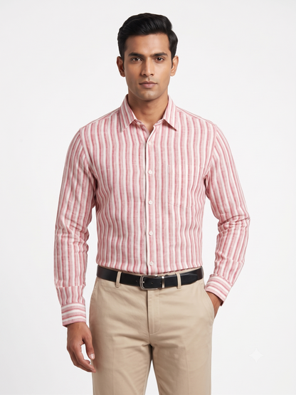 Premium Men Crimson Red and White Cotton Linen Striped Casual Shirt
