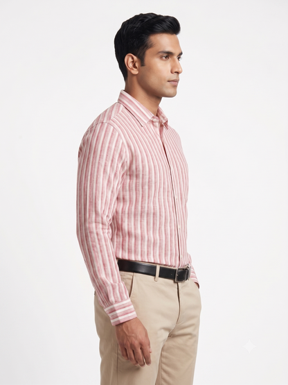 Premium Men Crimson Red and White Cotton Linen Striped Casual Shirt