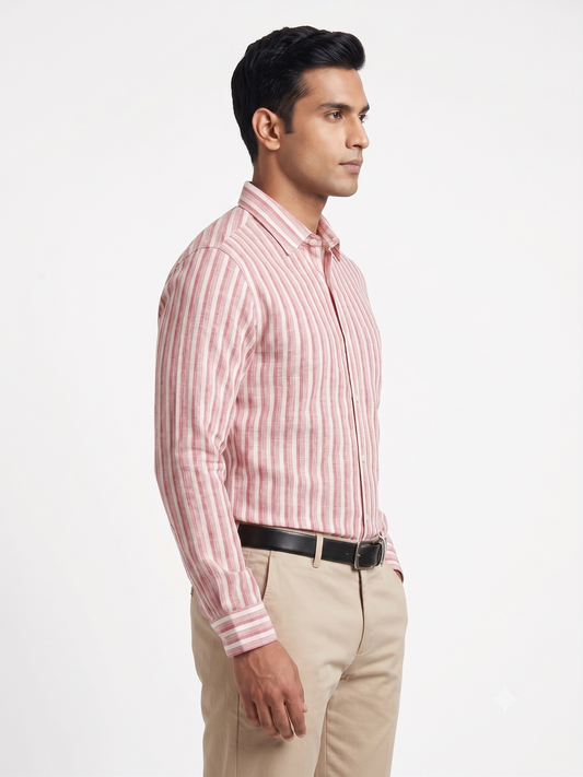 Premium Men Crimson Red and White Cotton Linen Striped Casual Shirt