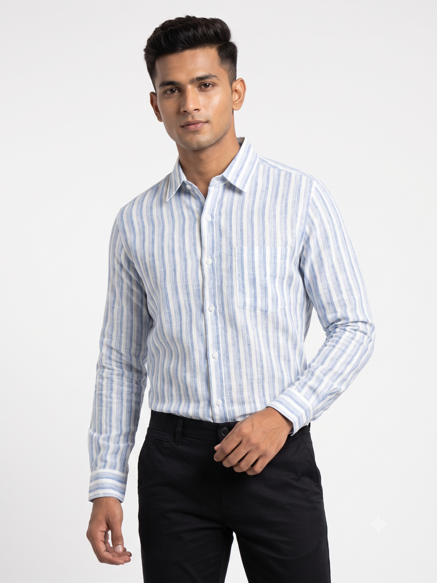 Premium Men Sky Blue and White Cotton Linen Striped Casual Shirt