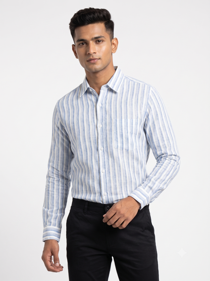 Premium Men Sky Blue and White Cotton Linen Striped Casual Shirt