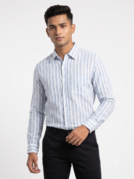 Premium Men Sky Blue and White Cotton Linen Striped Casual Shirt