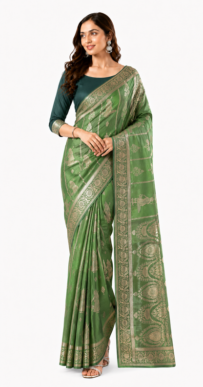 Raw Silk-Green-Gold(Dark Emerald Green)