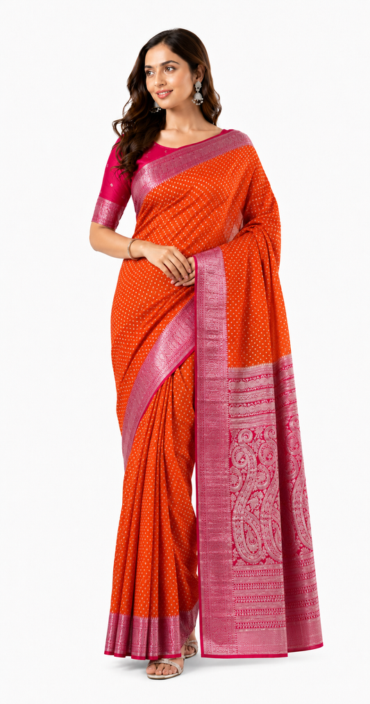 Crepe-Orange Red Saree