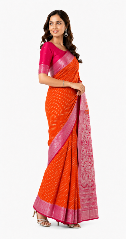 Crepe-Orange Red Saree