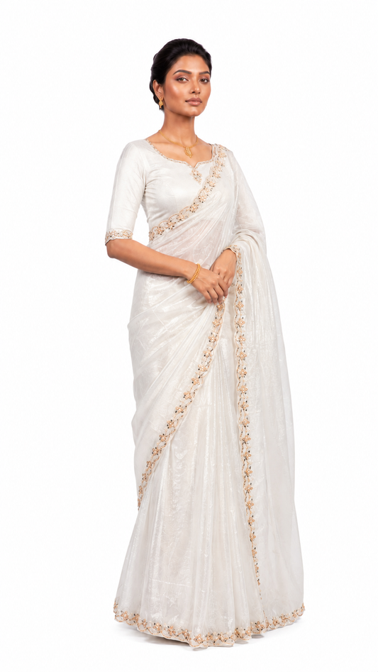 Soft Organza-Pearl Ivory White Saree