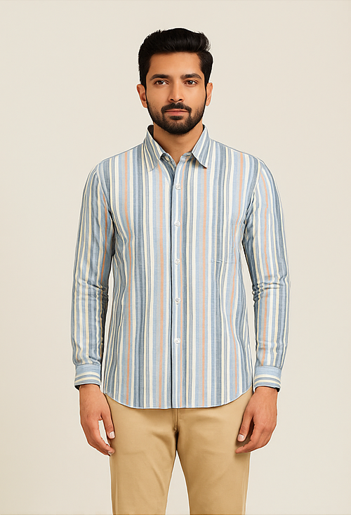 Sky Blue Multi-Stripe Cotton Shirt