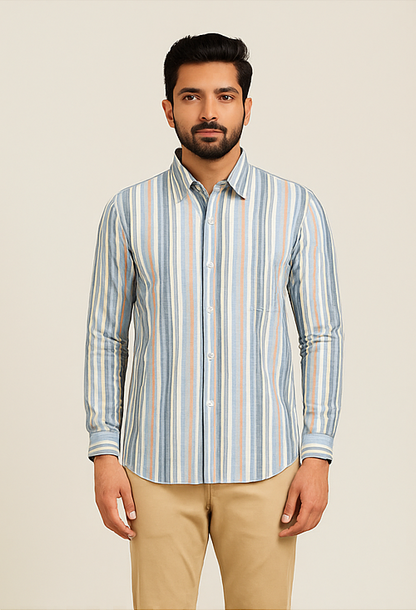 Sky Blue Multi-Stripe Cotton Shirt