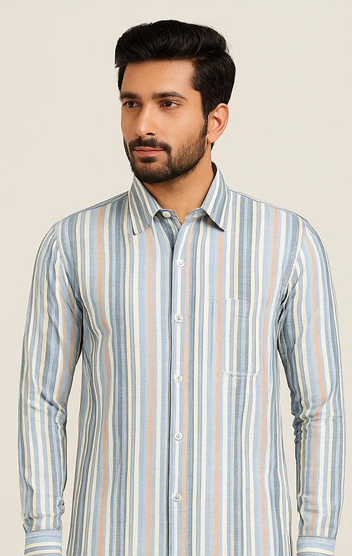 Sky Blue Multi-Stripe Cotton Shirt