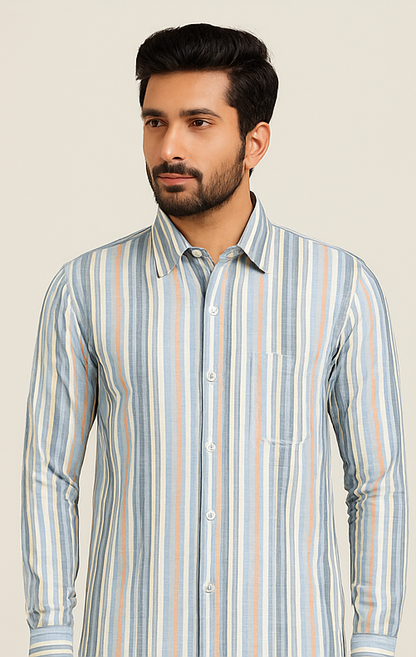 Sky Blue Multi-Stripe Cotton Shirt