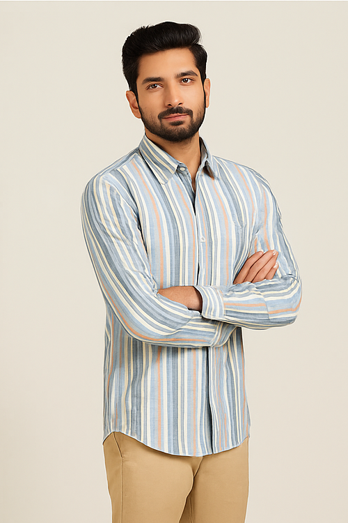 Sky Blue Multi-Stripe Cotton Shirt
