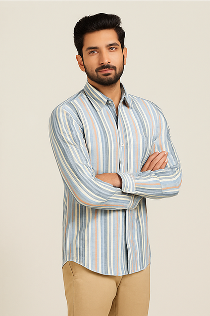 Sky Blue Multi-Stripe Cotton Shirt