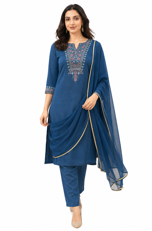 Women Printed Regular Kurta Set- Teal Blue