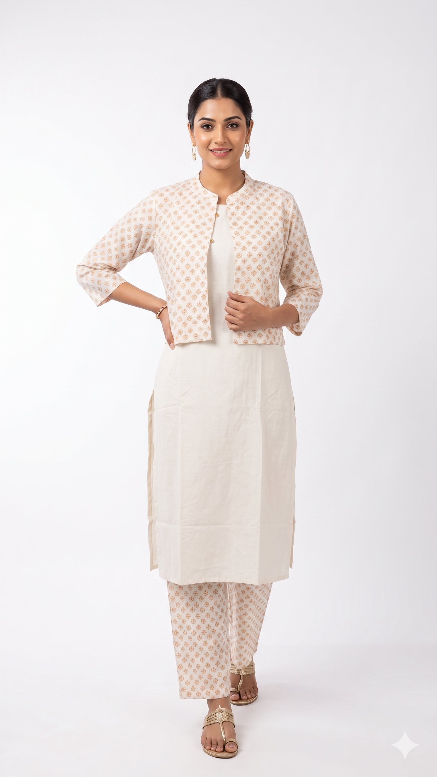 Woman wearing a cream kurta with matching jacket. Best one