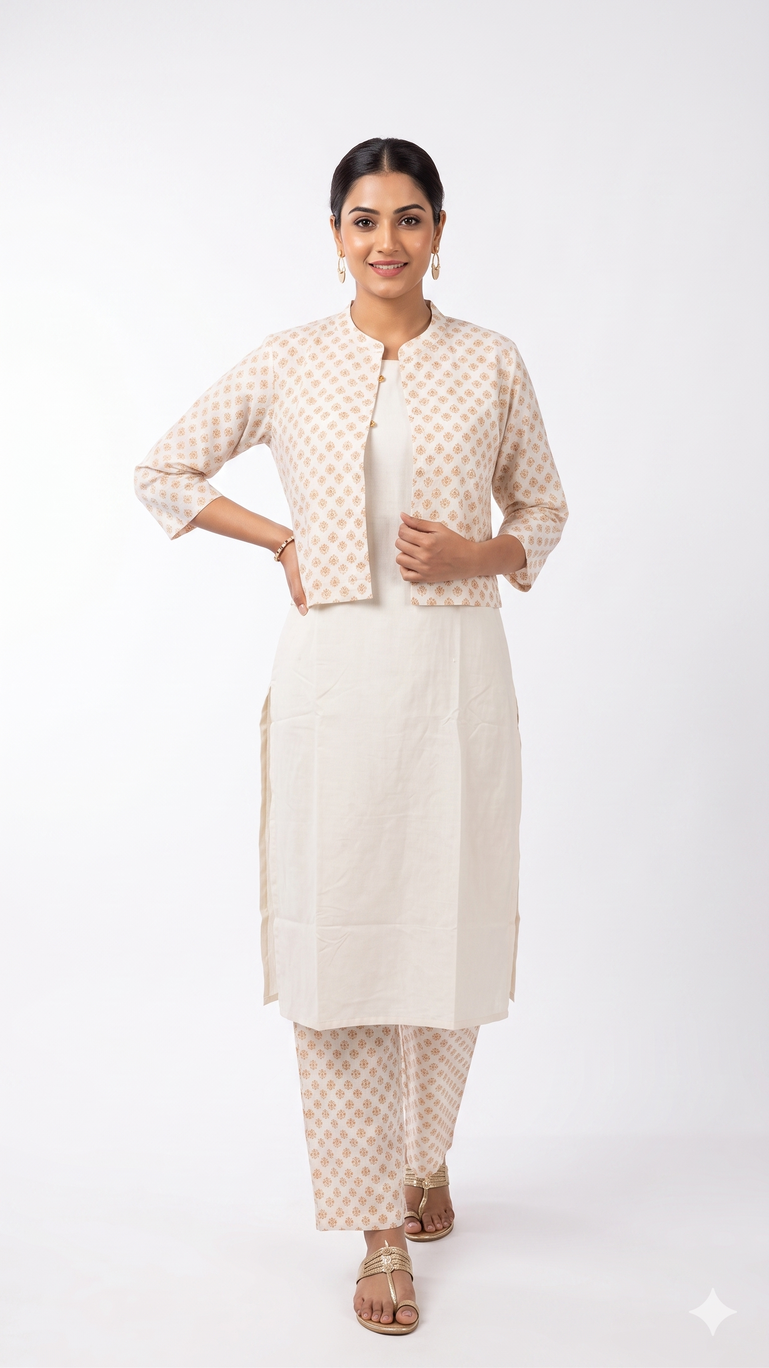 Woman wearing a cream kurta with matching jacket. Best one