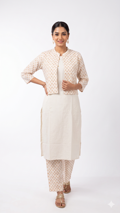 Woman wearing a cream kurta with matching jacket. Best one