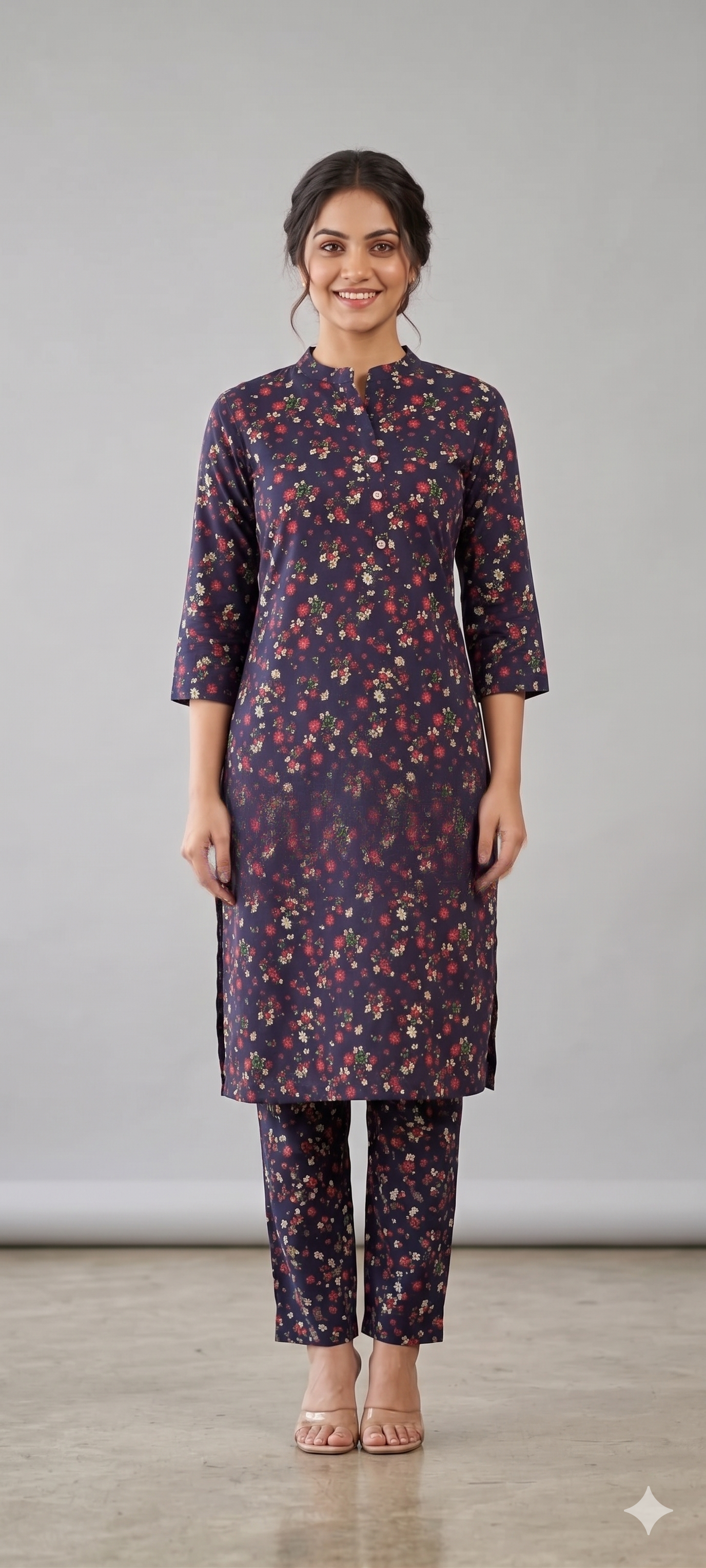 Women Deep Indigo Blue Floral Printed Straight Kurta
