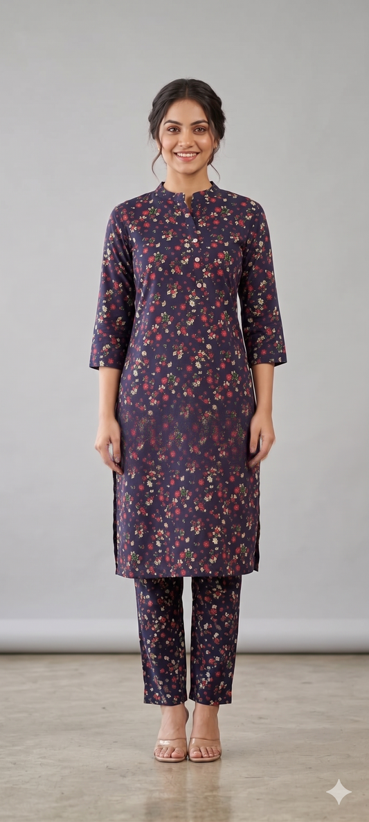 Women Deep Indigo Blue Floral Printed Straight Kurta