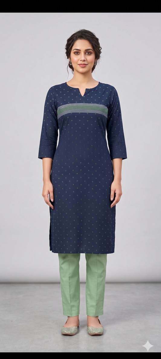 Women Navy Blue & Sage Green Printed Straight Kurta