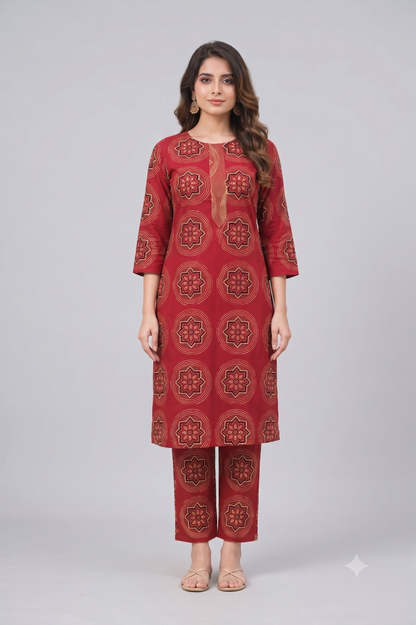 Women Rust Red & Gold Mandala Print Straight Kurta
