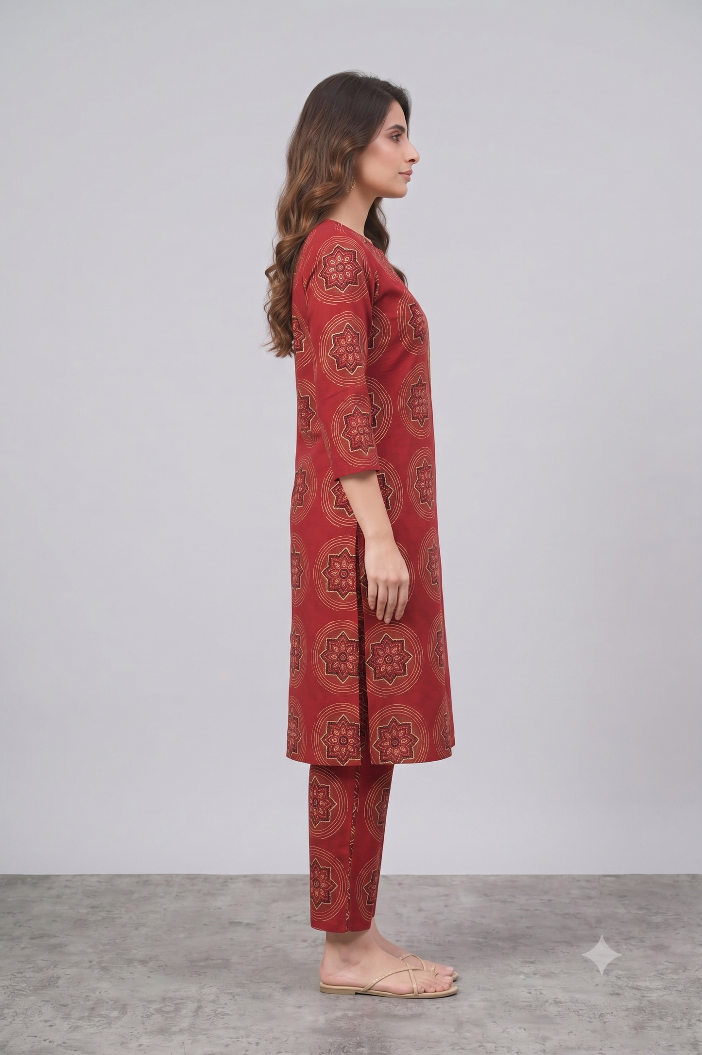 Women Rust Red & Gold Mandala Print Straight Kurta