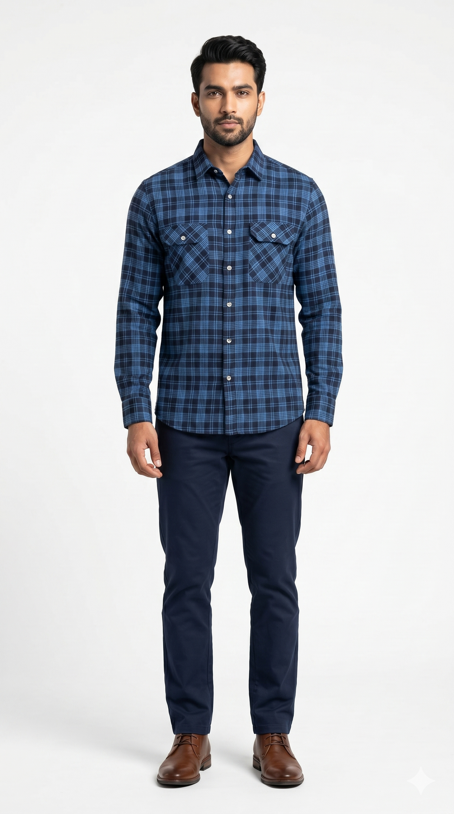 Men's Casual Indigo Blue Checkered Flannel Shirt